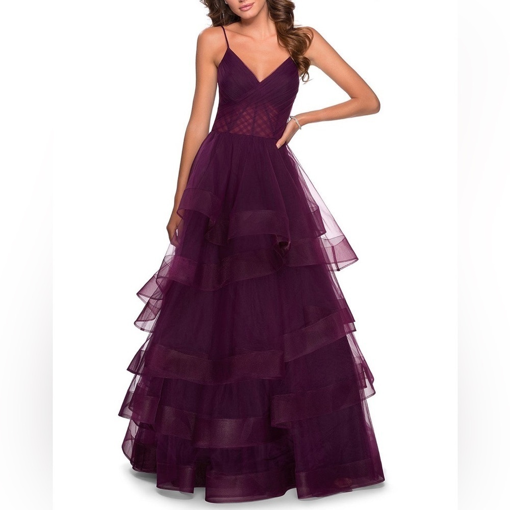 La Femme Dark Berry Tiered Ruffle Tulle Maxi Prom Dress - Picture 3 of 10